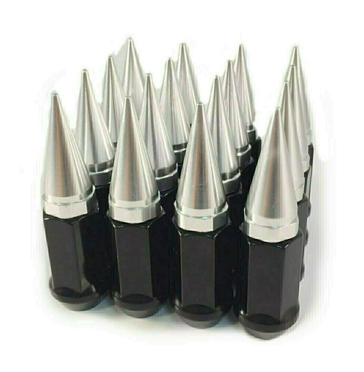 32 Pieces - 14x1.5 Black Silver Spike Lug Nuts 2-Piece Twist Off