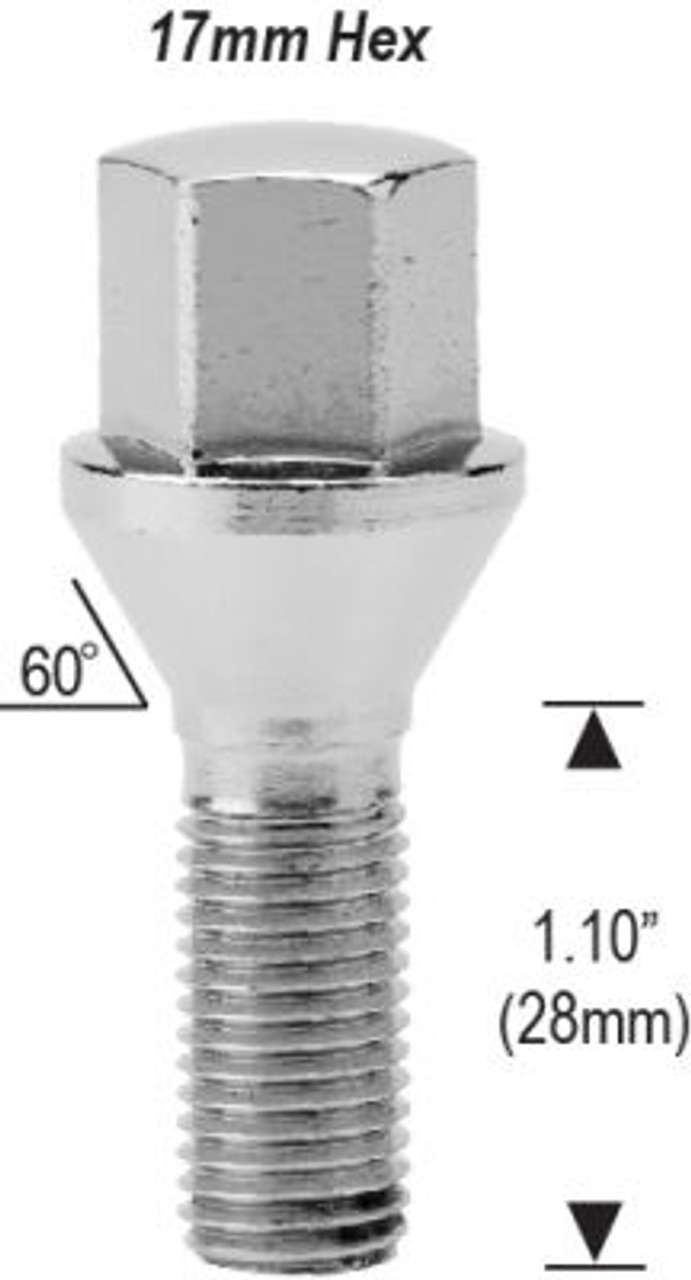 Conical Seat Lug Bolt 12mm 1.75 Threads Thread Length: 1.10" (28mm) 17mm Socket