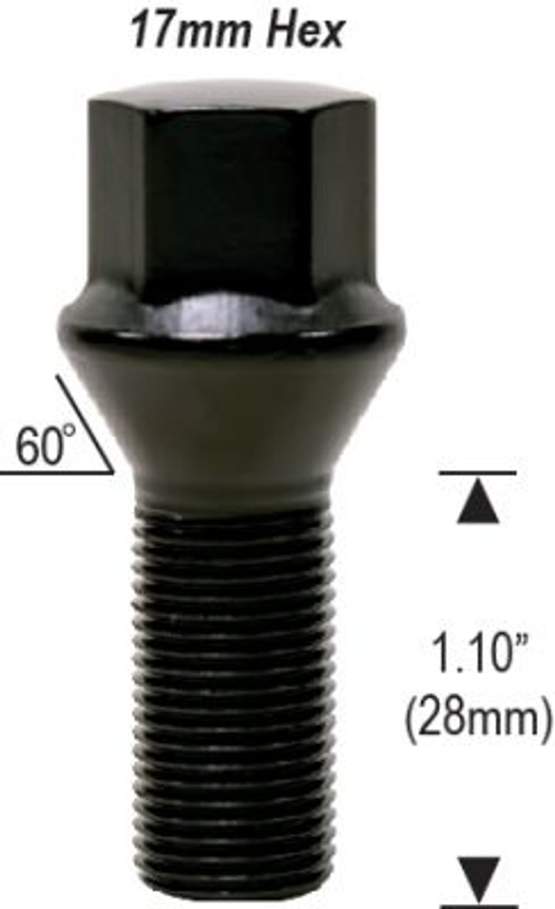 Conical Seat Lug Bolt 14mm 1.50 Threads Thread Length: 1.10" (28mm) 17mm Socket [Black]