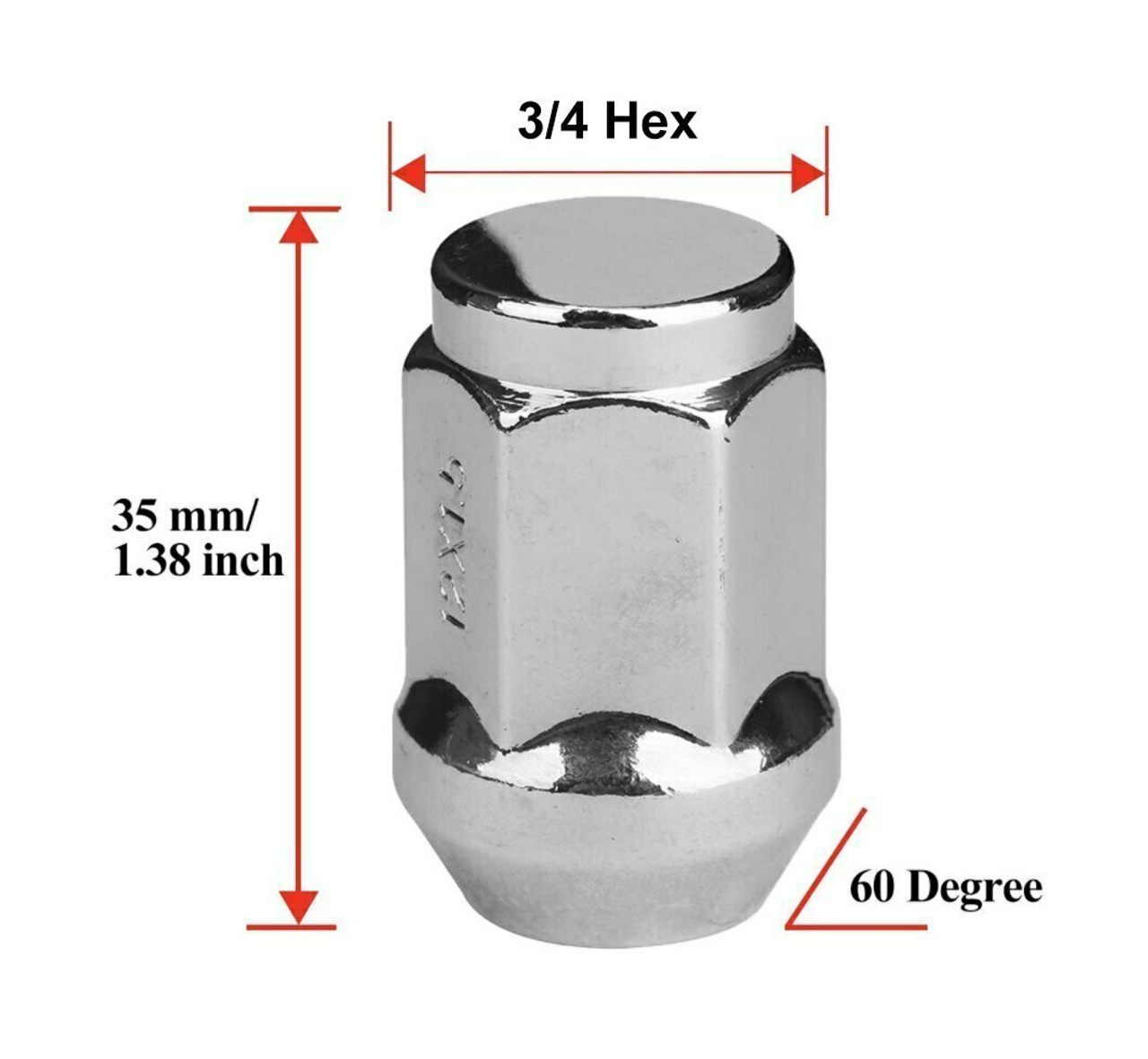 12x1.5 Chrome Bulge Acorn Lug Nuts Length: 1.38" Socket: 3/4"