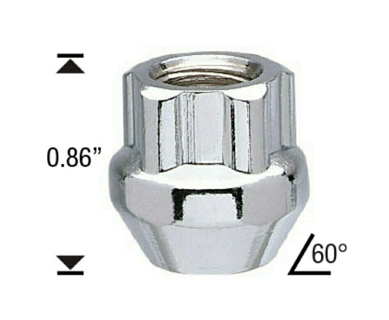 Open Acorn Wheel Lock 12x1.75 Threads  Length: 0.86" 60° Tapered Seat