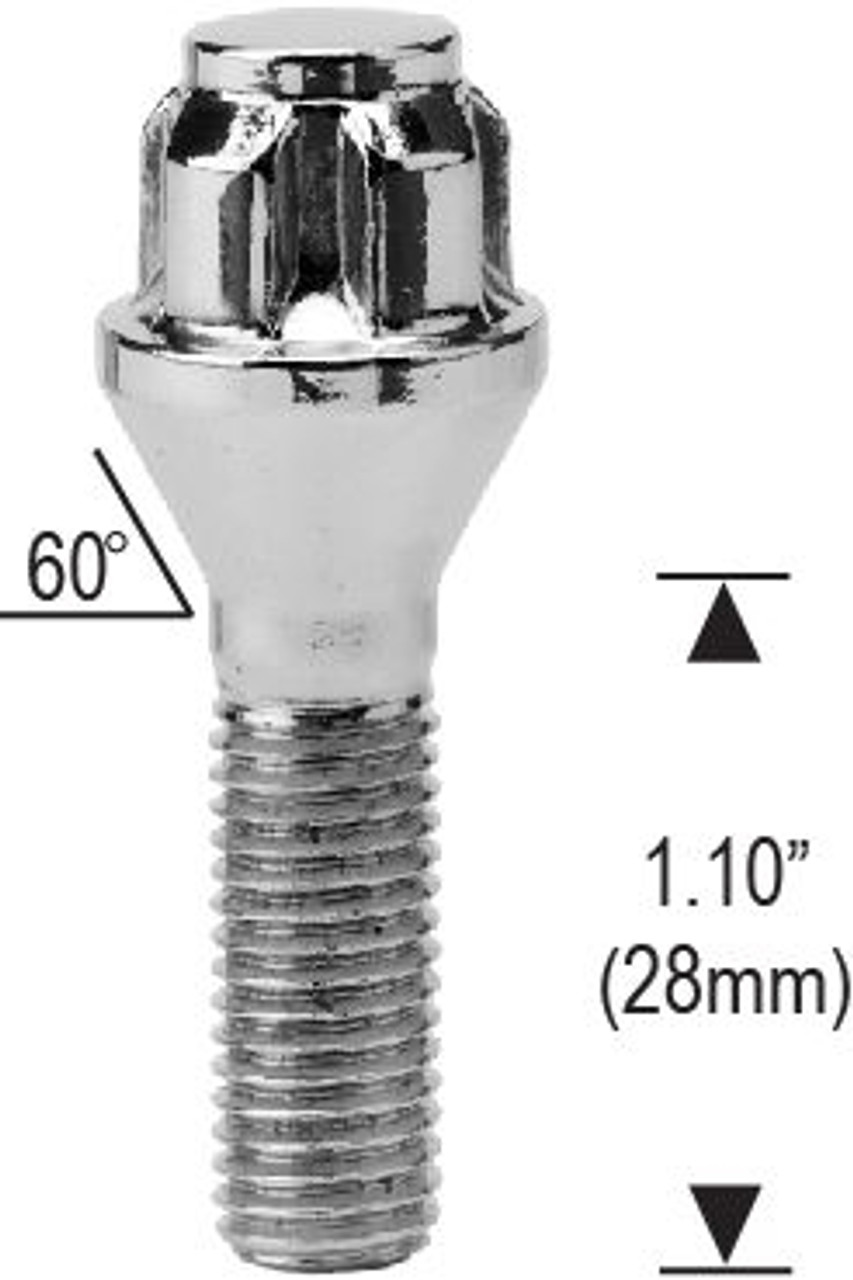 CONICAL SEAT BOLT LOCKS SET - CHROME - 14mm 1.25 with 1.10" (28mm) Thread Length