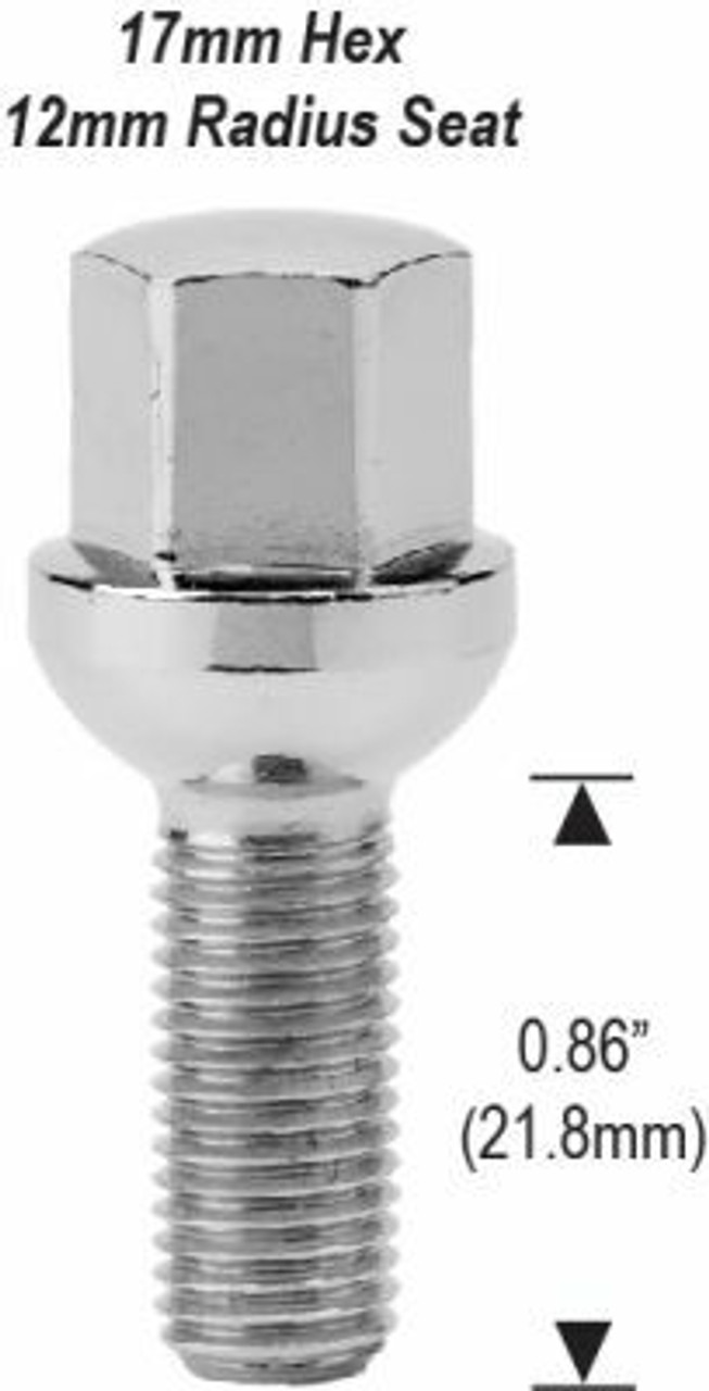 Ball Seat Lug Bolt 12mm 1.50 Threads Thread Length: 0.93" (23.6mm) 17mm Socket