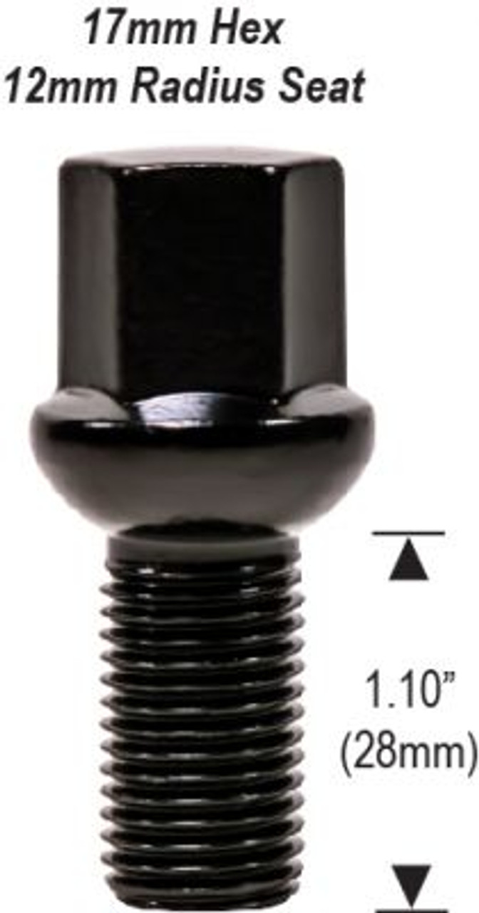 Ball Seat Lug Bolt 12mm 1.50 Threads Thread Length: 1.10" (28mm) 17mm Socket [Black]