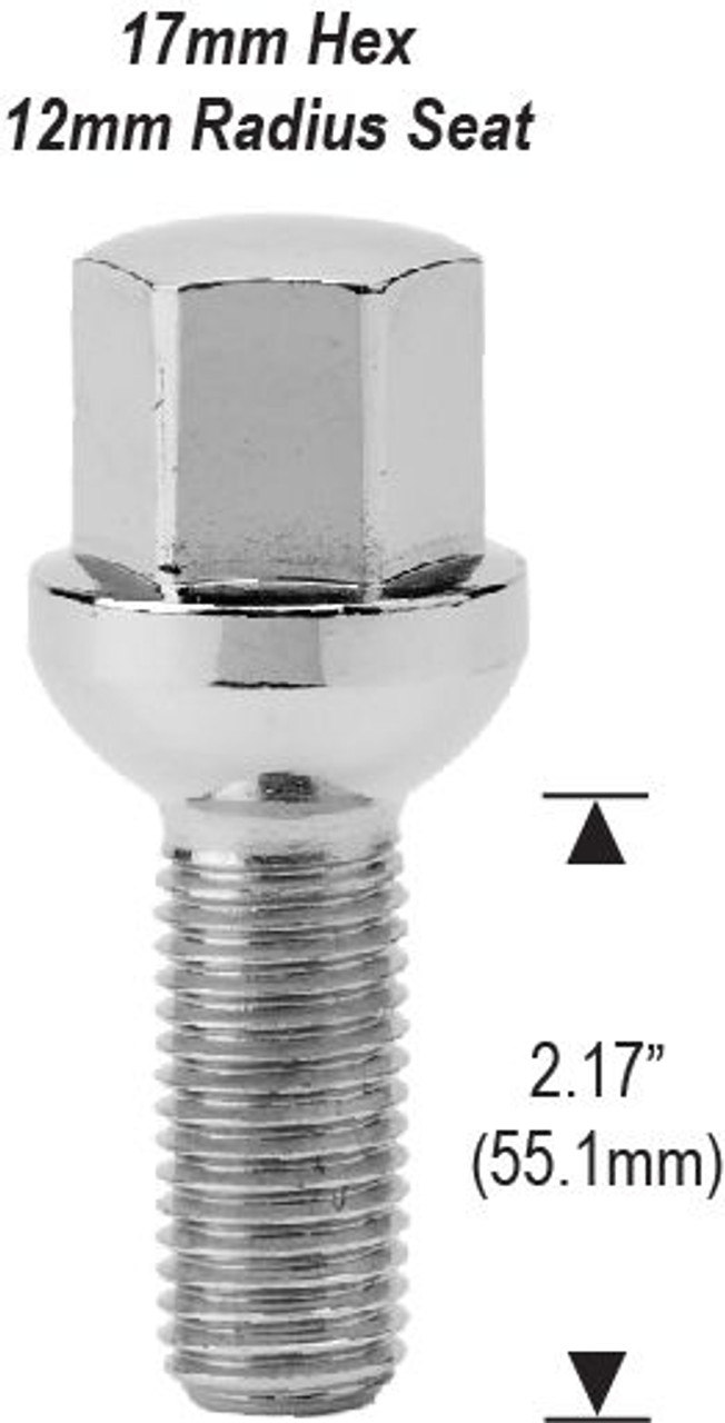 Ball Seat Lug Bolt 12mm 1.50 Threads Thread Length: 2.17" (55.1mm) 17mm Socket