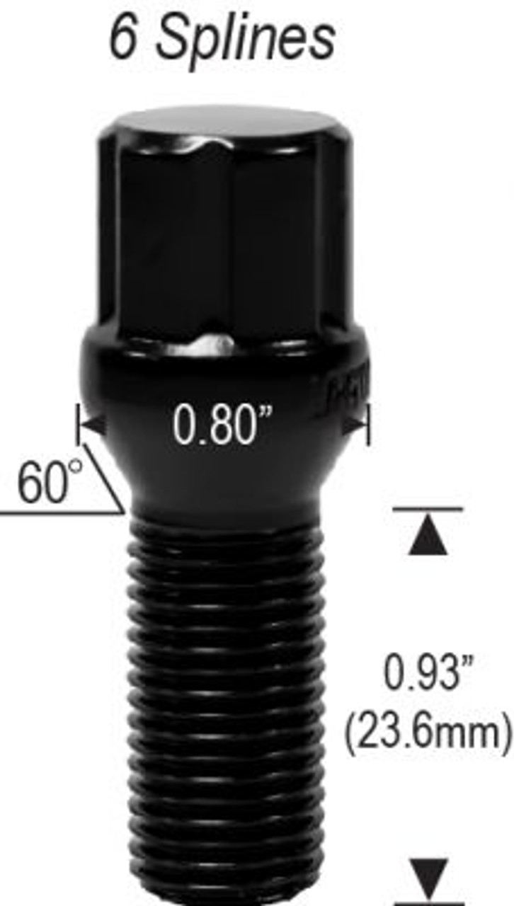 Spline Acorn Seat Lug Bolt 14mm 1.25 Threads Thread Length: 0.93" (23.6mm)  [Black]