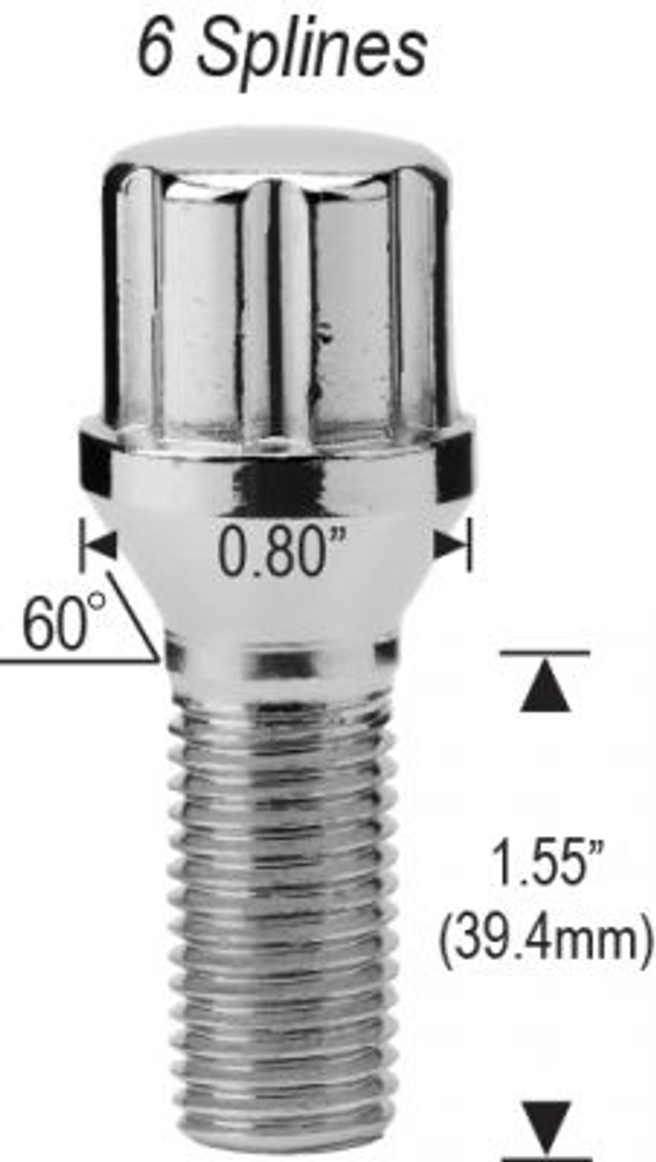Spline Acorn Seat Lug Bolt 14mm 1.25 Threads Thread Length: 1.55" (39.4mm)