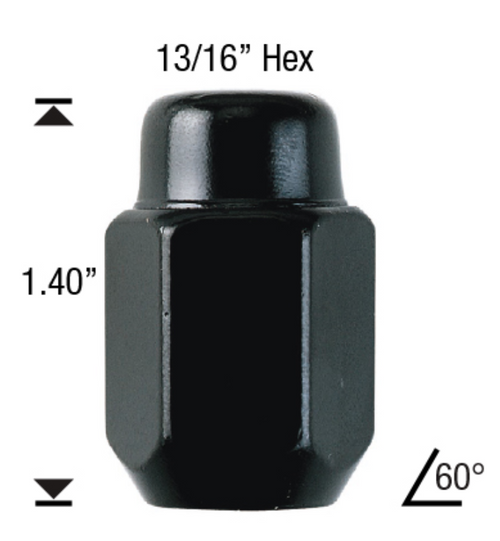 7/16 Black Acorn Lug Nut Length: 1.40" Socket: 13/16"