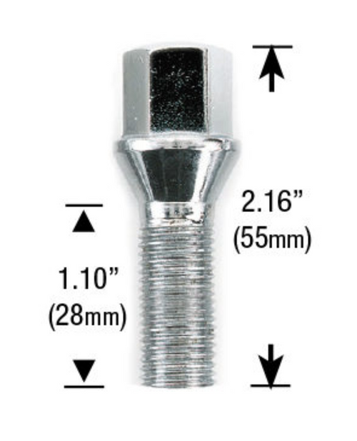 15x1.25 Acorn Conical Cone Seat Lug Bolt Thread Length: 1.10" (28mm) - 17mm Socket [Chrome]