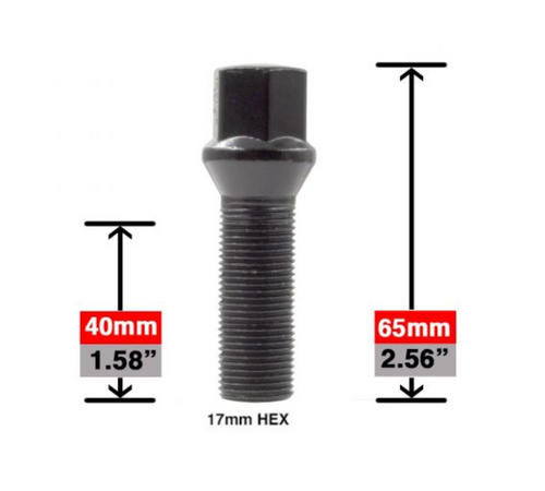 15x1.25 Acorn Conical Cone Seat Lug Bolt Thread Length: 1.58" (40mm) - 17mm Socket [Black]