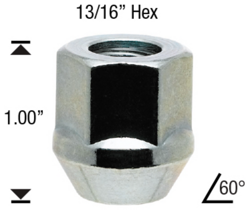 7/16 Chrome Bulge Acorn Open End Lug Nut Length: 1" Socket: 13/16"