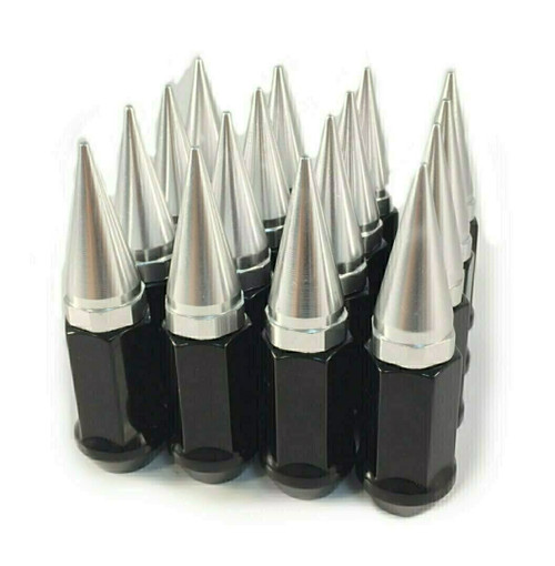 24 Pieces - 14x1.5 Black Silver Spike Lug Nuts 2-Piece Twist Off