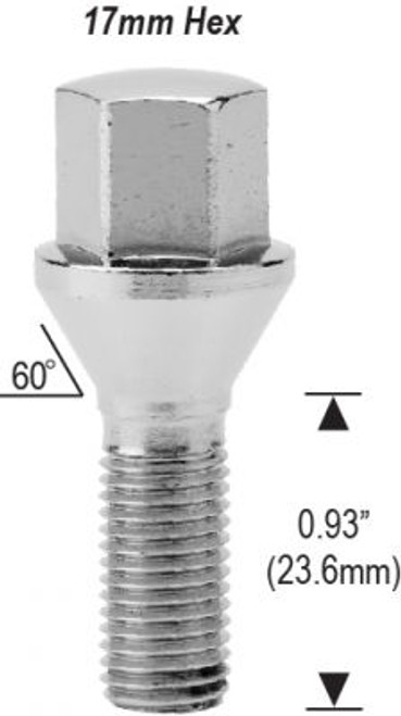 Conical Seat Lug Bolt 14mm 1.25 Threads Thread Length: 0.93" (23.6mm) 17mm Socket