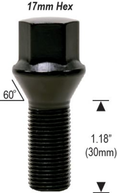Conical Seat Lug Bolt 14mm 1.50 Threads Thread Length: 1.18" (30mm) 17mm Socket [Black]