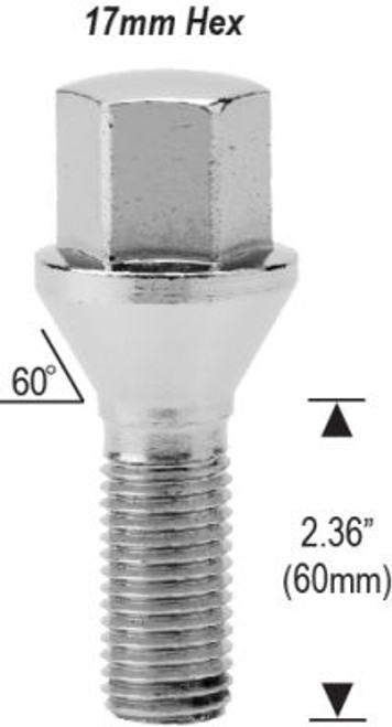 Conical Seat Lug Bolt 14mm 1.50 Threads Thread Length: 2.36" (60mm) 17mm Socket