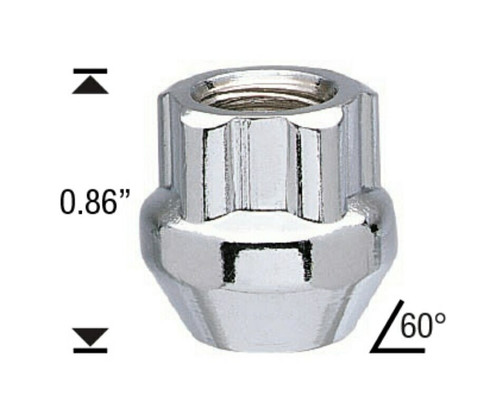 Open Acorn Wheel Lock 12x1.25 Threads  Length: 0.86" 60° Tapered Seat