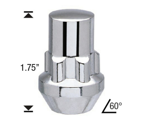 Acorn Wheel Locks - Long 1/2" Threads  Length: 1.75" 60° Tapered Seat
