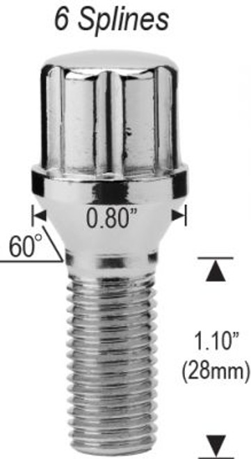 Spline Acorn Seat Lug Bolt 12mm 1.25 Threads Thread Length: 1.10" (28mm)