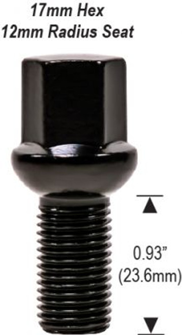 Ball Seat Lug Bolt 12mm 1.50 Threads Thread Length: 0.93" (23.6mm) 17mm Socket [Black]