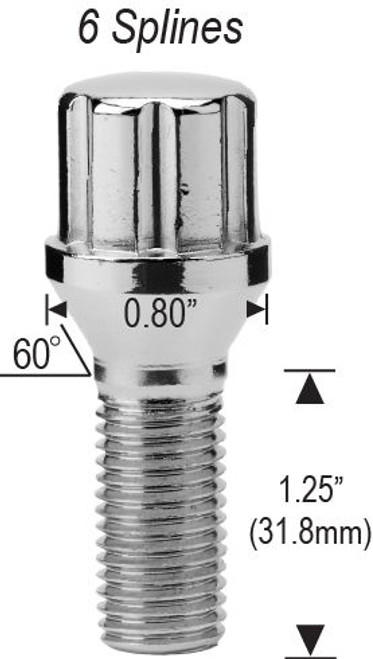 Spline Acorn Seat Lug Bolt 14mm 1.50 Threads Thread Length: 1.25" (31.8mm)