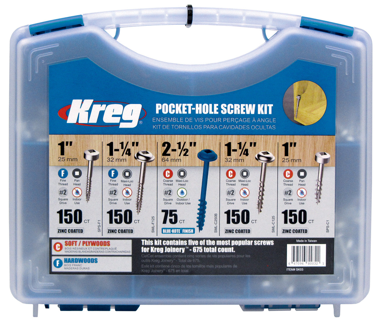 Kreg 450pcs Blue Kote Coarse Thread Pocket-Hole Screw Kit SK03B