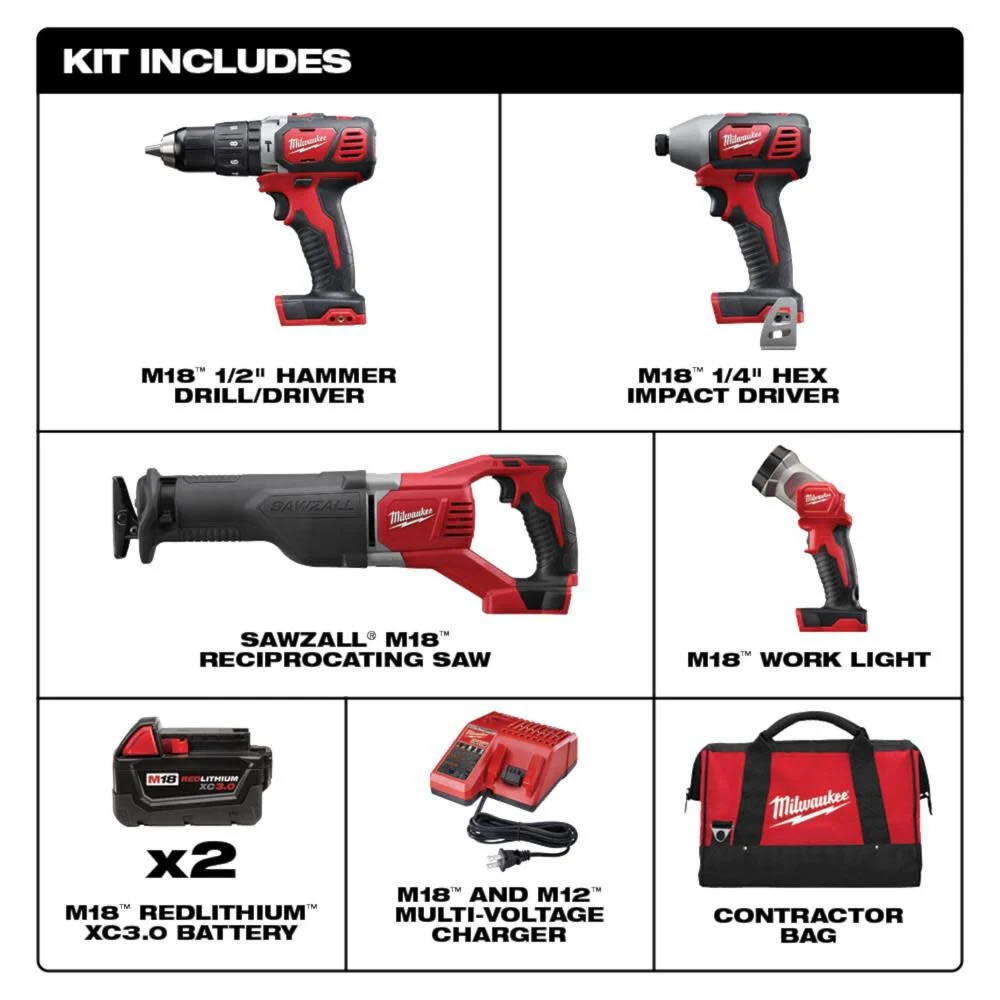 Milwaukee M18 Cordless Lithium-Ion 4-Tool Combo Kit – Powerful