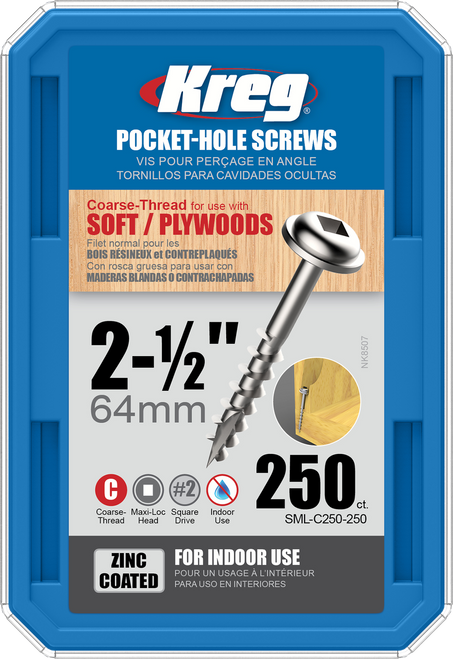 Kreg Zinc Pocket-Hole Screws 2-1/2", #8 Coarse, Washer Head, 250 Count (SML-C250-250)