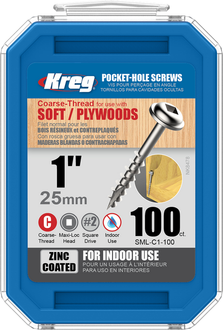 Kreg Zinc Pocket-Hole Screws  1", #8 Coarse, Washer-Head, 100 Count (SML-C1-100)