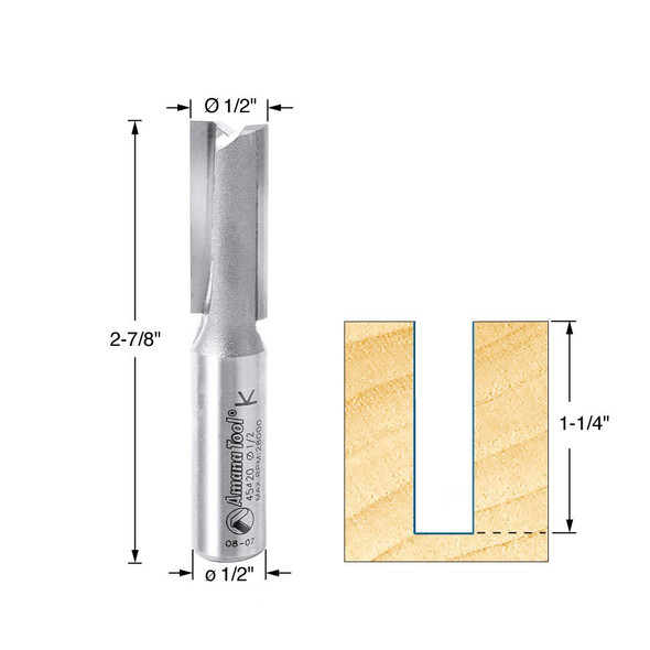 Amana Straight Plunge Bit, 2 Flute, 1/2"Dia, 1/2" Shank, 2-7/8" Length (45420)