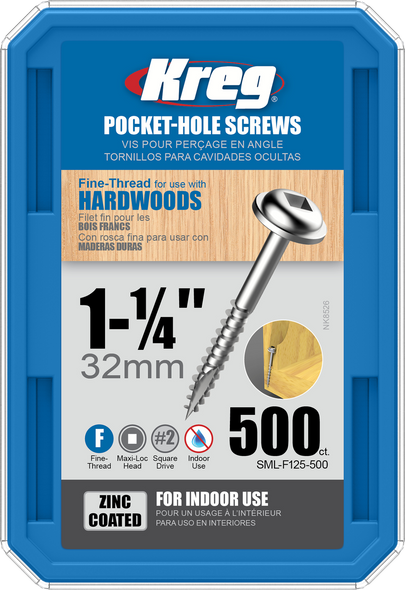 Kreg Zinc Pocket-Hole Screws 1-1/4", #7 Fine, Washer Head, 500 Count (SML-F125-500)