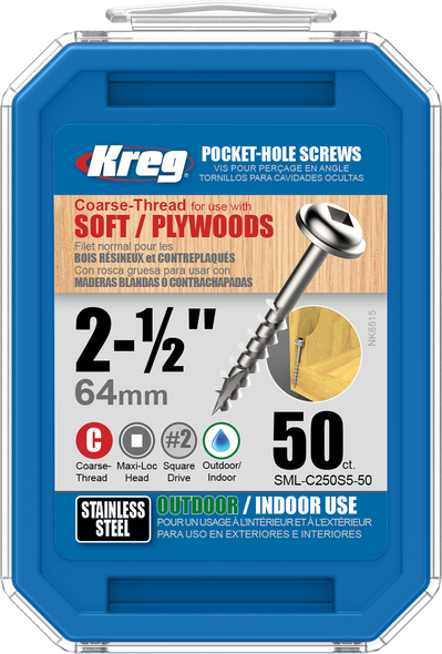 Kreg Stainless Steel Pocket-Hole Screws 2-1/2", #10 Coarse, Washer-Head, 50 Count (SML-C250S5-50)