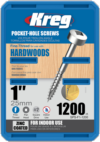 Kreg Zinc Pocket-Hole Screws 1", #6 Fine, Pan-Head, 1200 Count (SPS-F1-1200)