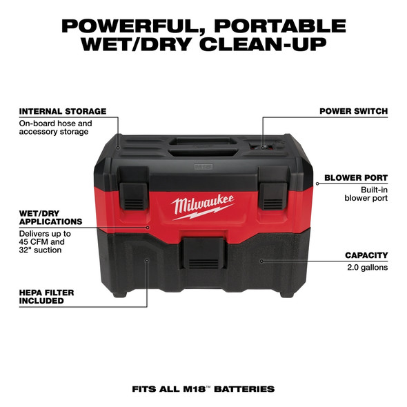 Milwaukee M18 2 GALLON WET/DRY VACUUM - Bare Tool-(0880-20)