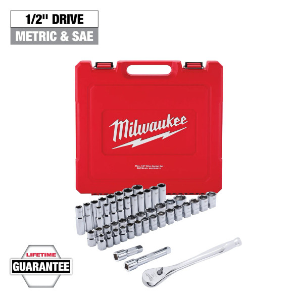 Milwaukee 47 PC 1/2" Drive METRIC/SAE Ratchet & Socket Set (48-22-9010)