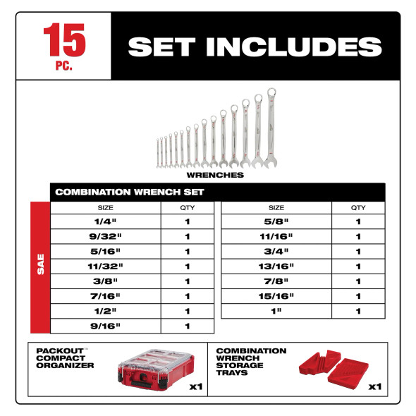 Milwaukee 15 PC SAE Combination Wrench Set with Packout™ Compact Organizer (48-22-9484)