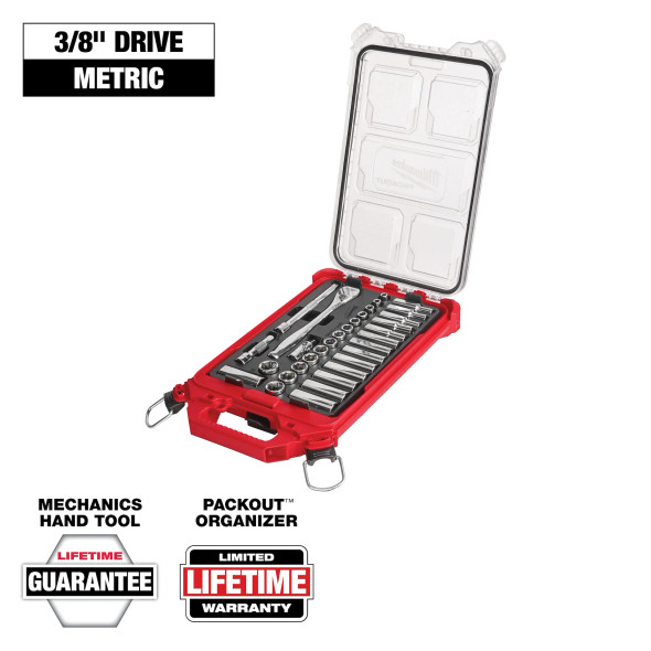 Milwaukee 32 PC METRIC 3/8" Drive Ratchet & Socket Set with Packout™ Low-Profile Compact Organizer (48-22-9482) Milwaukee 32 PC METRIC 3/8" Drive Ratchet & Socket Set with Packout™ Low-Profile Compact Organizer (48-22-9482)