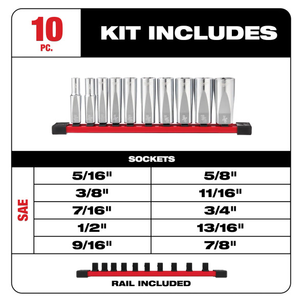 Milwaukee 10 PC SAE 3/8" Drive Deep Well Socket with Four Flat™ Sides (48-22-9405) Milwaukee 10 PC SAE 3/8" Drive Deep Well Socket with Four Flat™ Sides (48-22-9405)