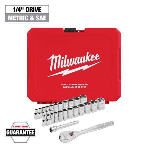 Milwaukee 25 PC METRIC & SAE  1/4" Drive Ratchet & Socket Set with Four Flat™ Sides (48-22-9044) Milwaukee 25 PC METRIC & SAE  1/4" Drive Ratchet & Socket Set with Four Flat™ Sides (48-22-9044)