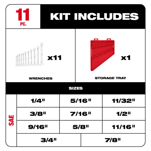 Milwaukee 11 PC SAE Combination Wrench Set (48-22-9411)