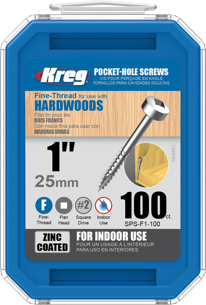 Kreg Zinc Pocket-Hole Screws 1", #6 Fine, Pan-Head, 100 Count (SPS-F1-100)