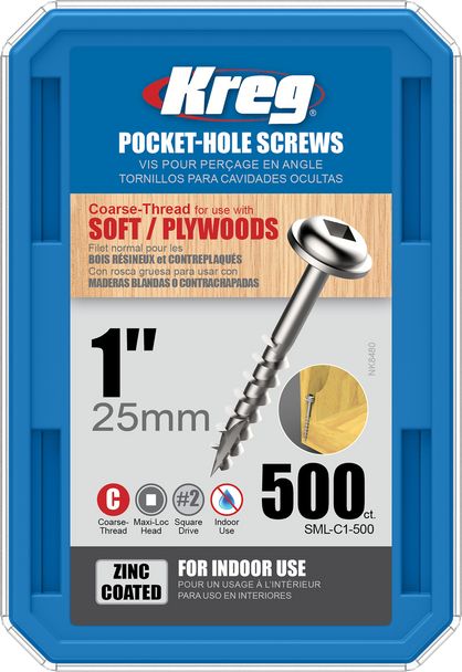 Kreg Zinc Pocket-Hole Screws  1", #8 Coarse, Washer-Head, 500 Count (SML-C1-500)