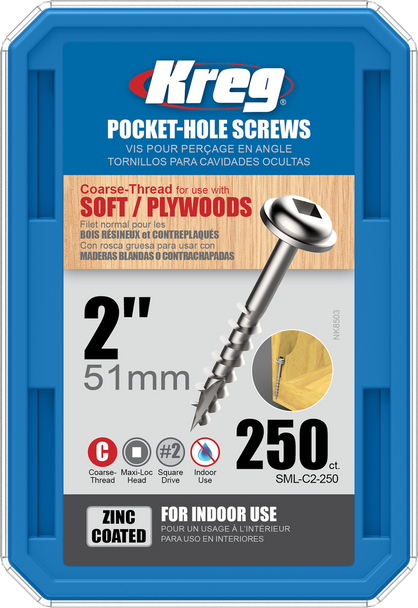 Kreg Zinc Pocket-Hole Screws 2", #8 Coarse, Washer-Head, 250 Count (SML-C2-250)