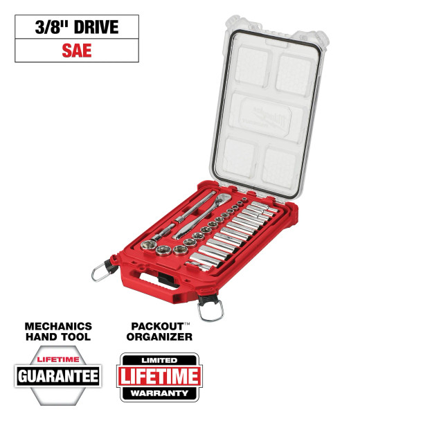 Milwaukee 28 PC SAE 3/8" Drive Ratchet & Socket Set with Packout™ Low-Profile Compact Organizer (48-22-9481)