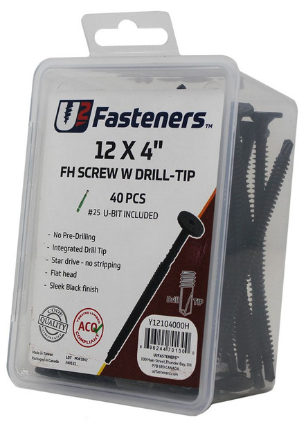 U2 BLACK FLAT HEAD SCREW WITH DRILL TIP 12 x 4" Small Pack 40 PCS (Y12104000H)