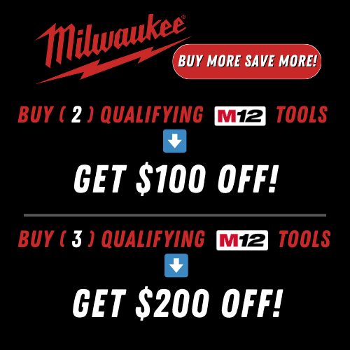 Milwaukee M12 deals power tools tools buy more save more get $100 off get $200 off Milwaukee Tools deals sales savings save  woodworking jobsite sanding cutting drilling 