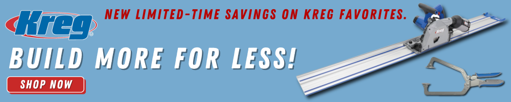 Shop Kreg Deals Sale savings save on kreg  accessories cabinet hardware installation adaptive cutting system pocket hole jigs pocket hole screws clamps pocket hole machinery pocket hole plugs routing systems cutting measuring tool precision accessories 