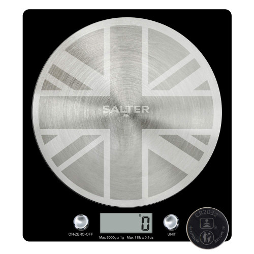 Salter digital kitchen scale with brushed steel Union Jack platform and LCD display