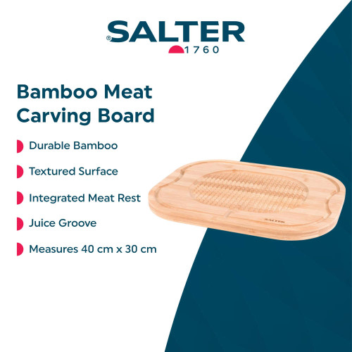 Bamboo meat carving board with textured surface, meat rest and juice groove, 40 x 30 cm.