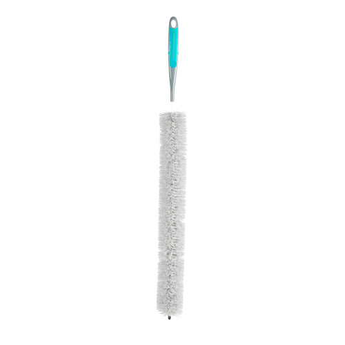 Grey bottle brush with long bristles and aqua handle, shown upright on white background