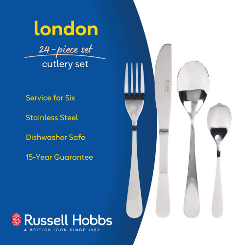 Banner for Russell Hobbs London 24-piece stainless steel cutlery set, service for six.